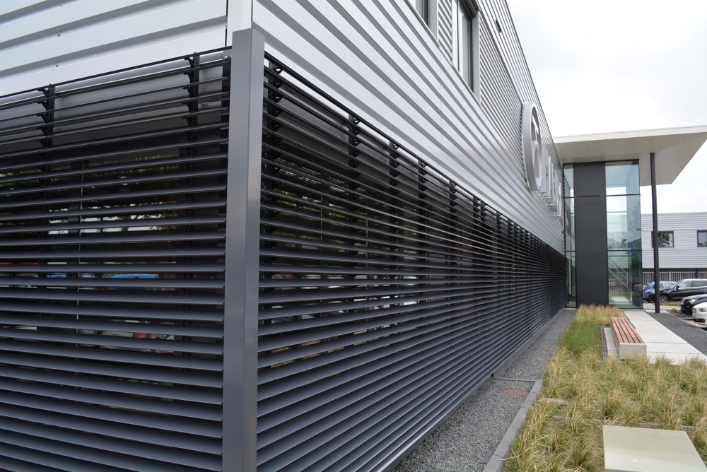 commercial aluminium louvres on the façade of a facility in London